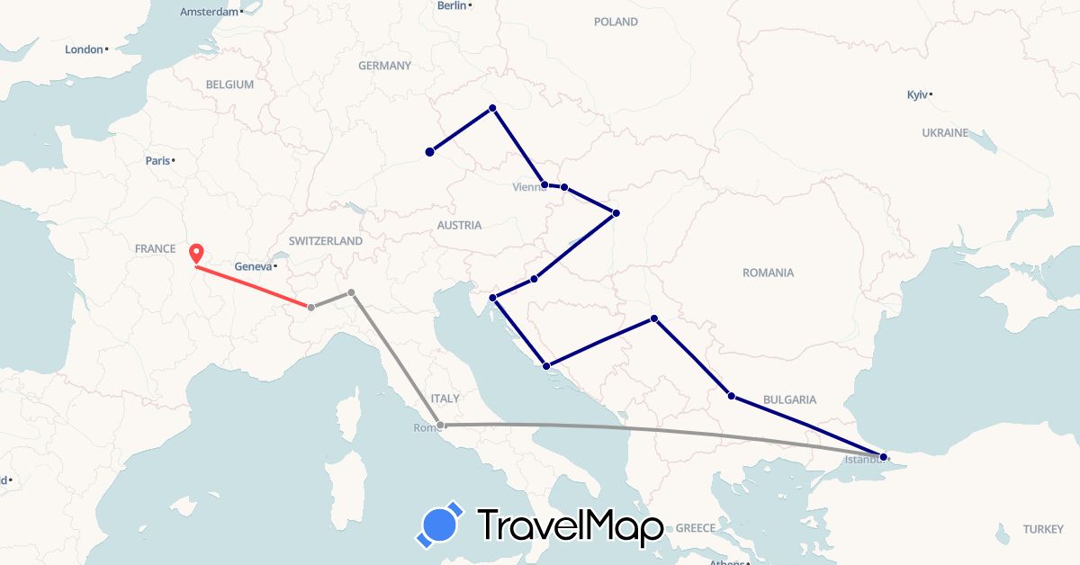 TravelMap itinerary: driving, plane, hiking in Austria, Bulgaria, Czech Republic, Germany, France, Croatia, Hungary, Italy, Serbia, Slovakia, Turkey (Asia, Europe)